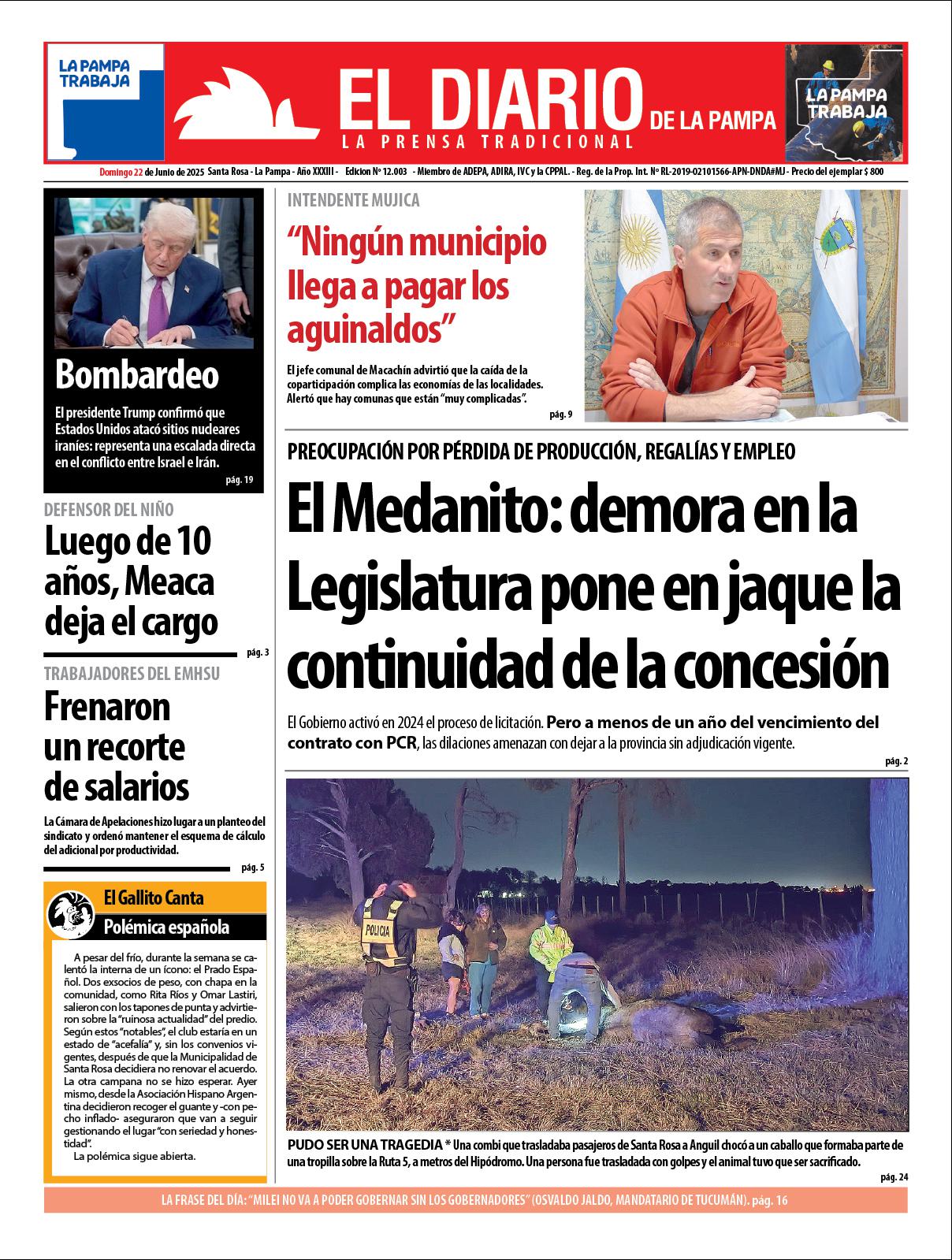Tapa de El Diario en papel  domingo 22 de junio de 2025